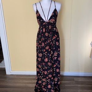 Forever 21 Black Floral Maxi Dress with Red and Green Accents